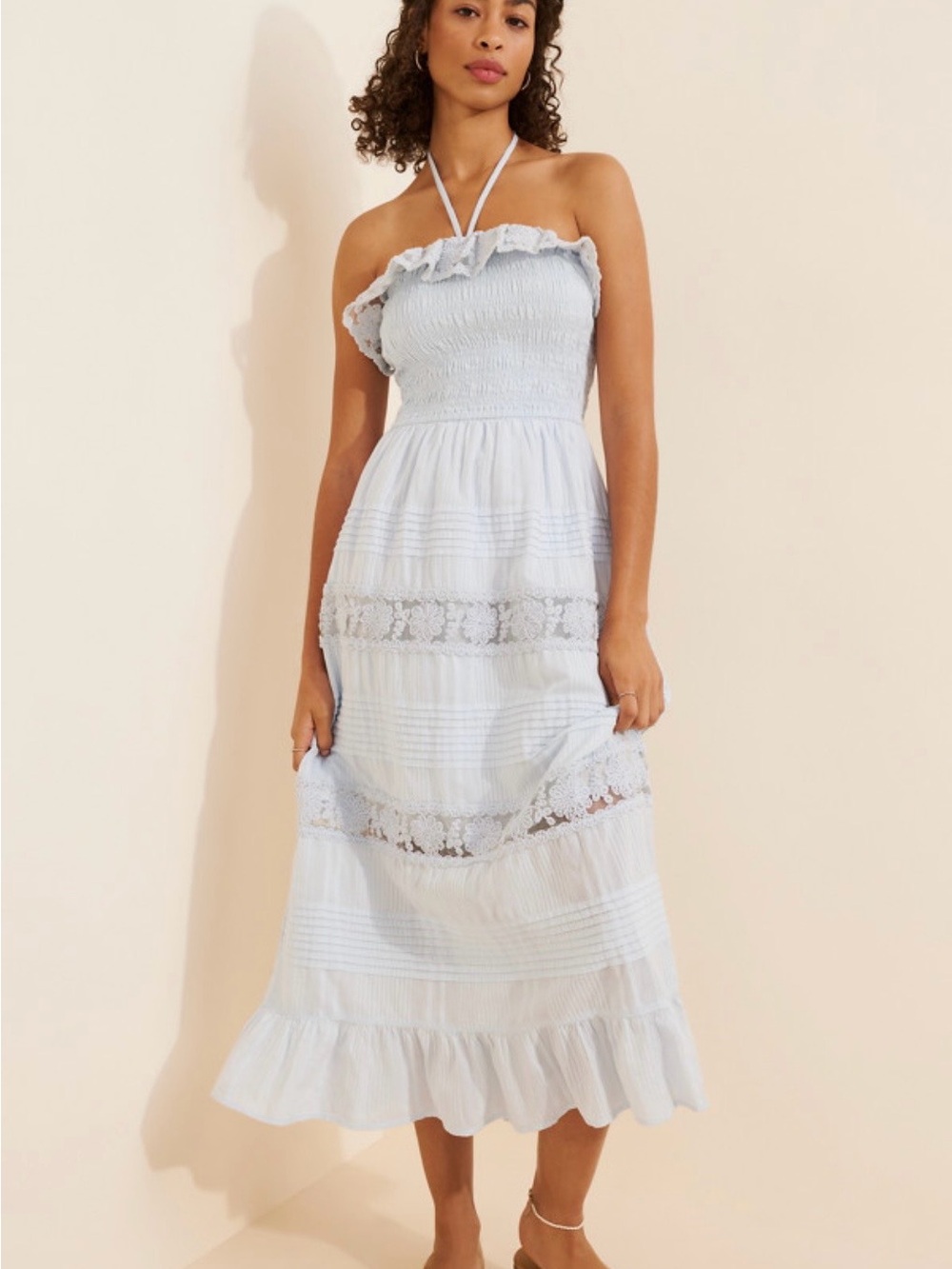 AND NOW THIS Strapless Light Blue Midi Dress with Lace Panels